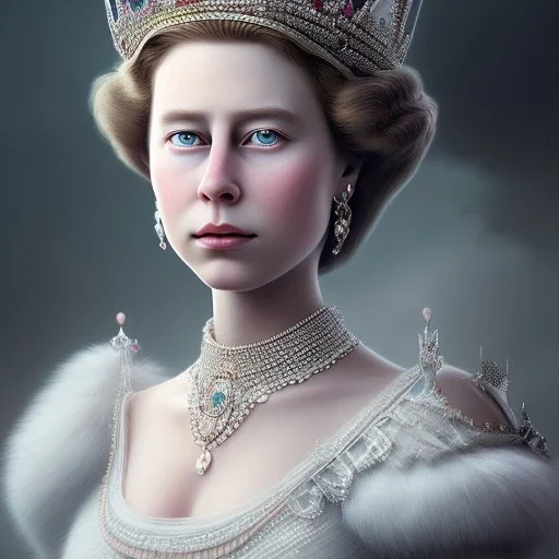 young queen elizabeth, dramatic, dramatic lighting, pixar style, volumetric lighting, hyperrealism, 8k, high quality, photorealistic, lot of details