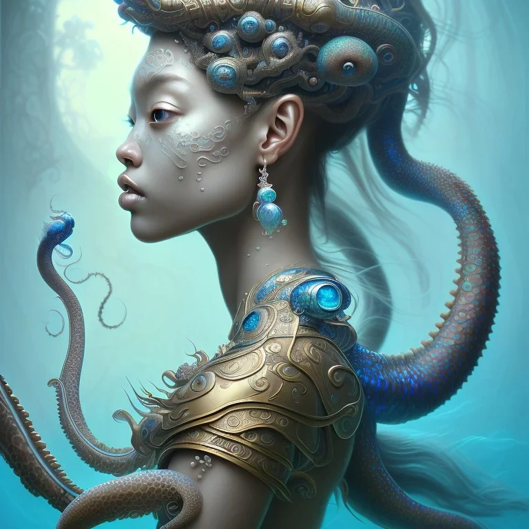 Sango fantasy, fantasy magic, intricate, sharp focus, illustration, highly detailed, digital painting, concept art, matte, art germ and Paul Lewin and Kehinde Wiley, masterpiece Japanese mermaid head bronze octopus' Asian African girl nice breast Thai hair turquoise silver blue under water