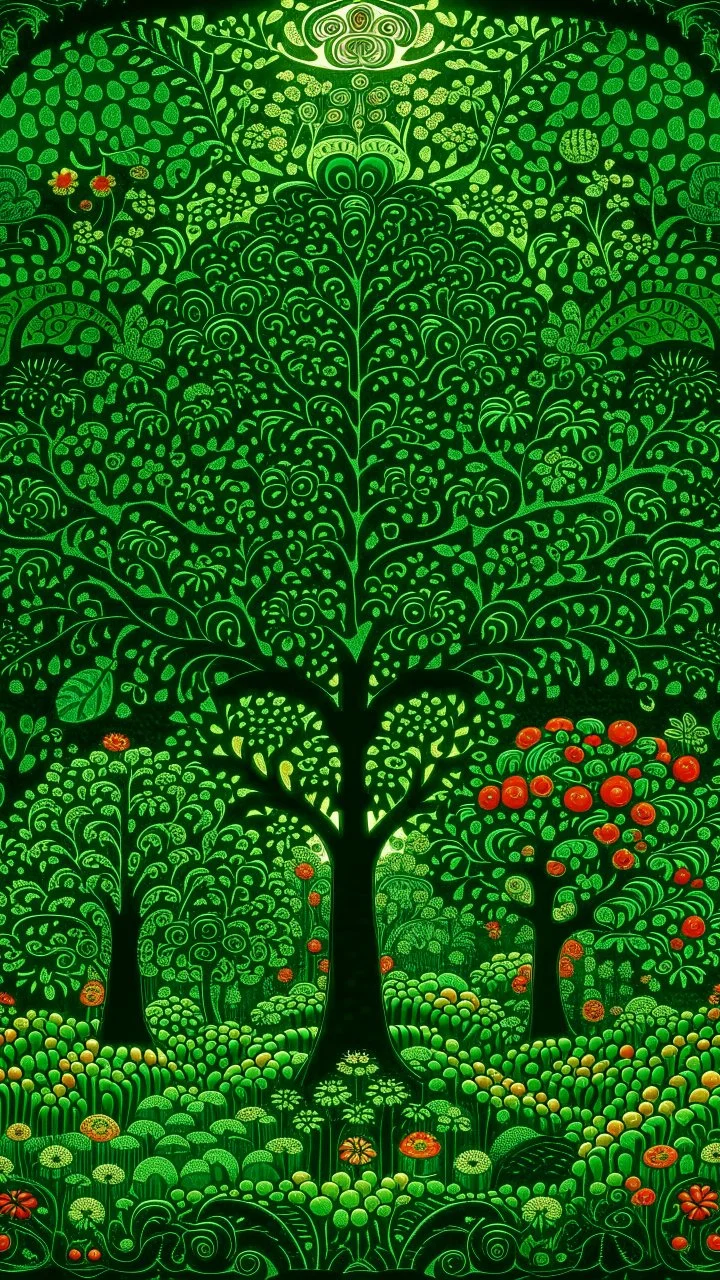 Dark emerald green woods with apple trees designed in African masks painted by Paul Ranson