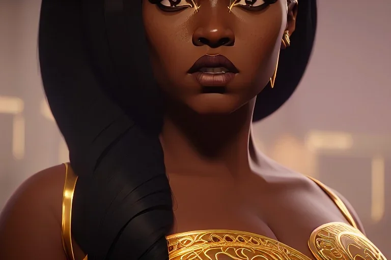 A portrait of a beautiful curvaceous black woman with long straight curly black hair, wearing a gold crown, and a gold intricate detail gown, yoruba culture, orixa, magical, ethereal, gown, sharp lighting, cimematic lighting, misty. Painting, high quality, Ultra quality 8k.