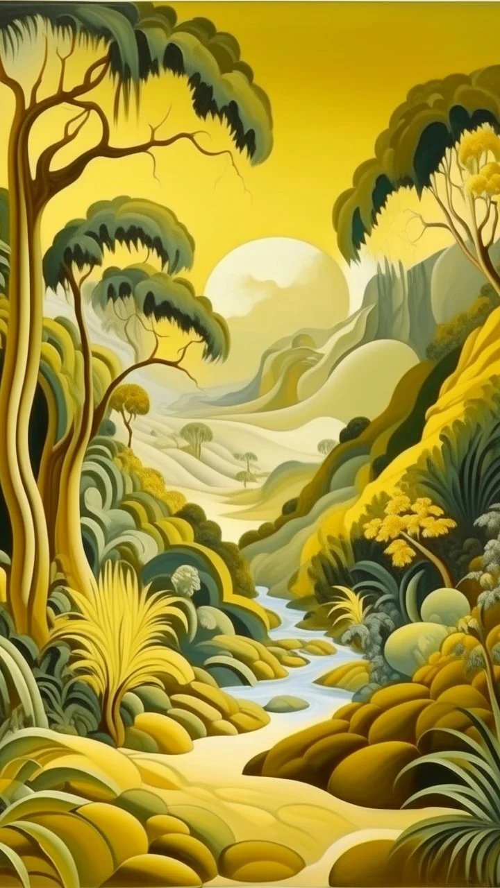 A pale yellow shining rainforest near an arid desert painted by Thomas Hart Benton