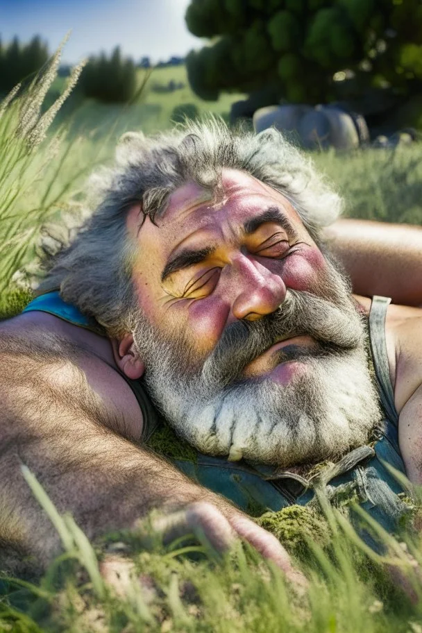 Portrait photography, 35mm lens lens, a happy smiling muscular Sardinian shepherd burly chubby man 58 years old, lying down in the meadow near a little tree, ugly and dirty, bullneck, manly chest, in tank top and overalls, wild white beard, ambient occlusion, strong sunshine, emotive eyes, misery and poverty, side view