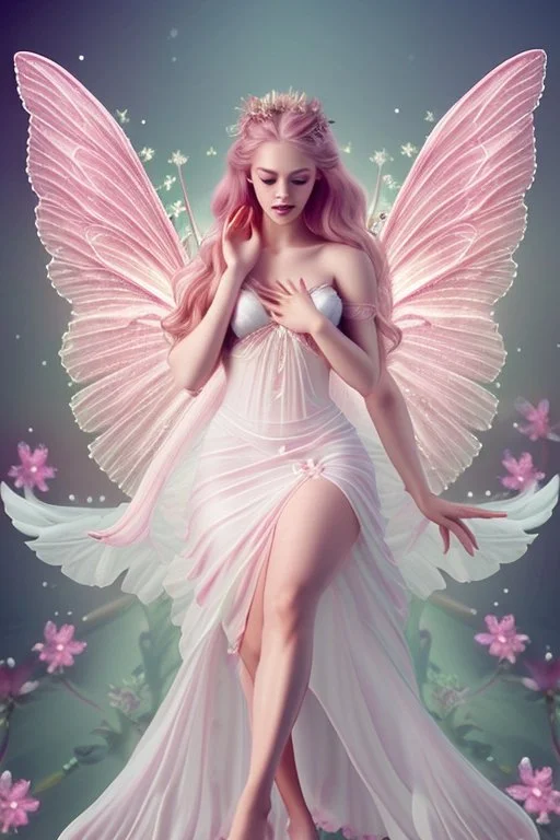 Magnifique woman lady fairy facing happy voluptuous white pink enchanted flowers wings magic long big dress pink outerspace stars planets