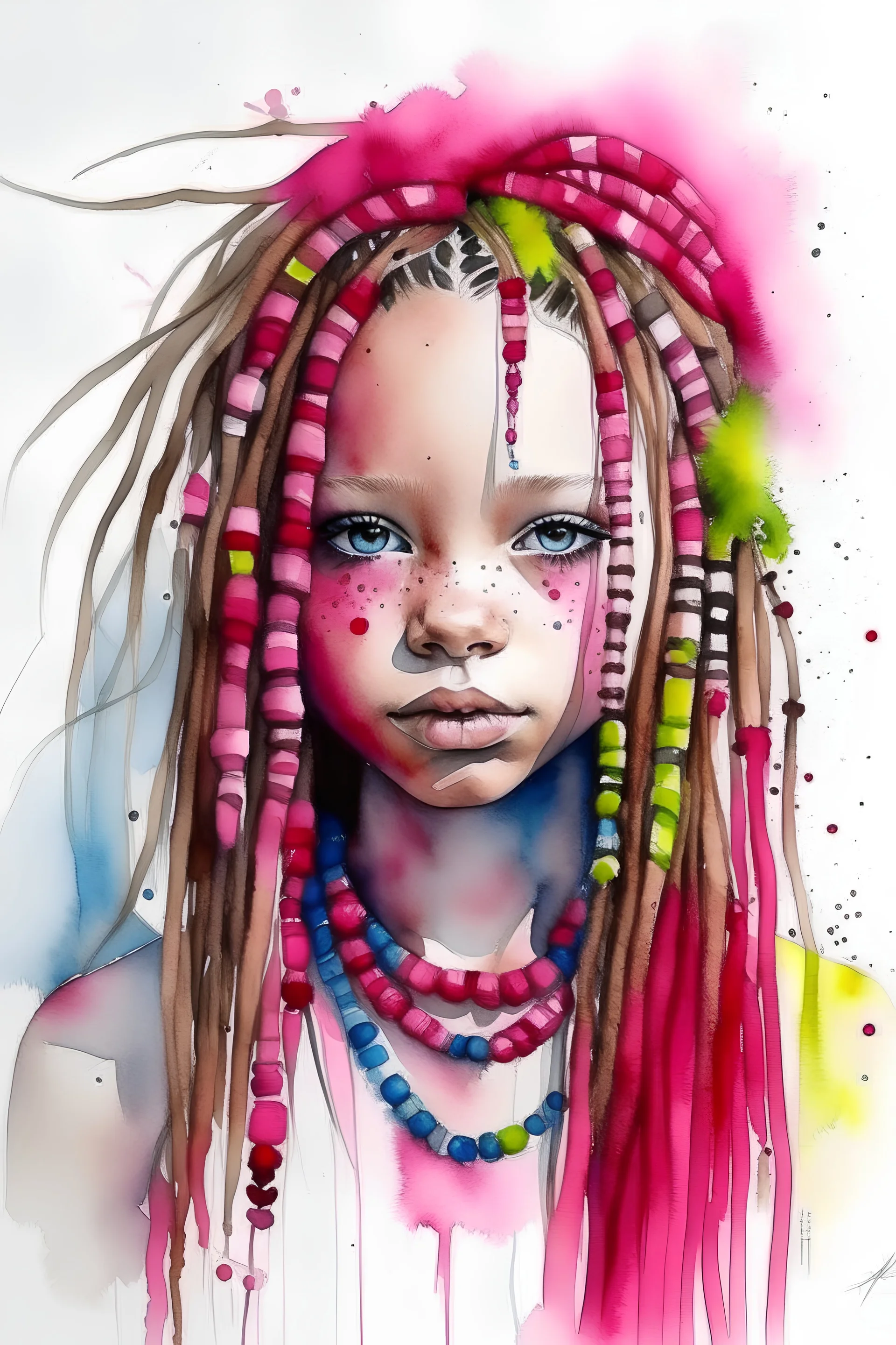 Watercolor white and dreadlocks girl with fuxia beads in the hair