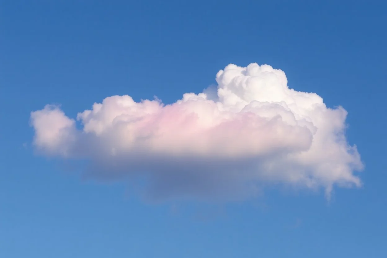 sky blue background with plushie white clouds highlighted with pinks and pastel violet