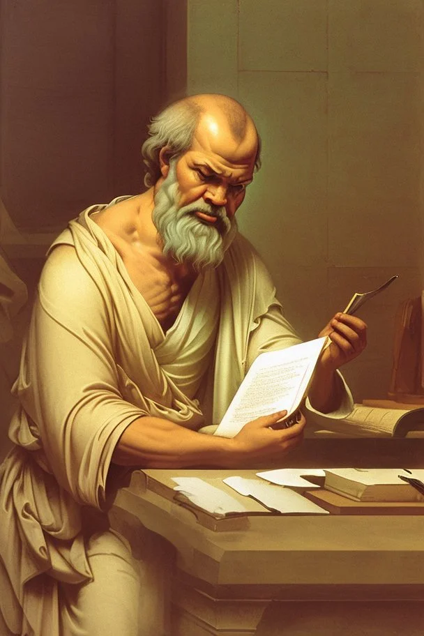 [Socrates reading at a desk, ancient Athens] As Socrates sat at his desk, his face became a captivating tableau of profound thought and earnest curiosity. The morning light, filtering through the window, highlighted the gentle furrows on his brow, each line a testament to the countless hours he had spent in contemplation. His eyes, a striking shade of dark brown, gleamed with a mix of intellectual fervor and warm compassion, drawing anyone who met his gaze into the depths of his philosophical wo