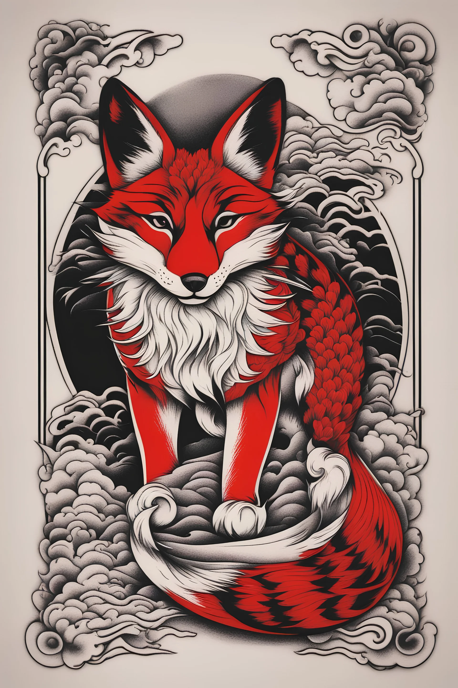 tattoo, kitsune, traditional japanese style, red and black and white,