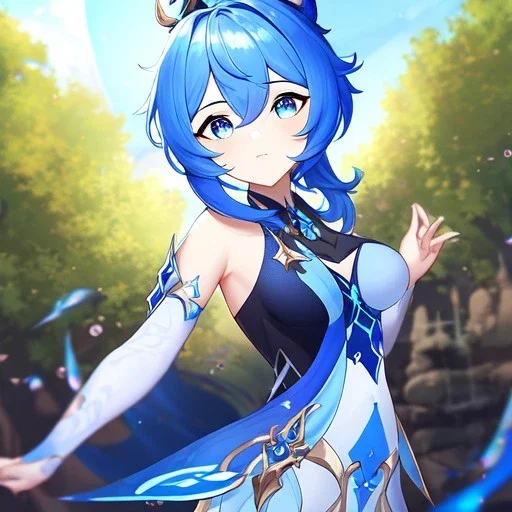 Clear focus,High resolution, Vibrant short blue hair, Vibrant blue eyes, Genshin impact inspired outfit