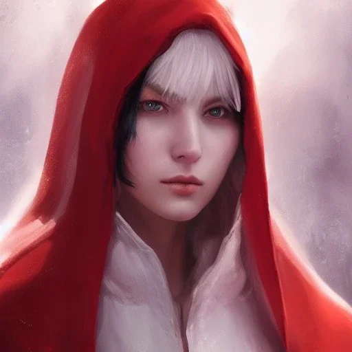 a _ fantasy _ style _ portrait _ painting _ of beautiful white female red silky hair short head smirk round face hood robe rpg dnd oil _ painting _ unreal _ 5 _ daz. _ rpg _ portrait _ extremely _ detailed _ artgerm _ greg _ rutkowski _ greg