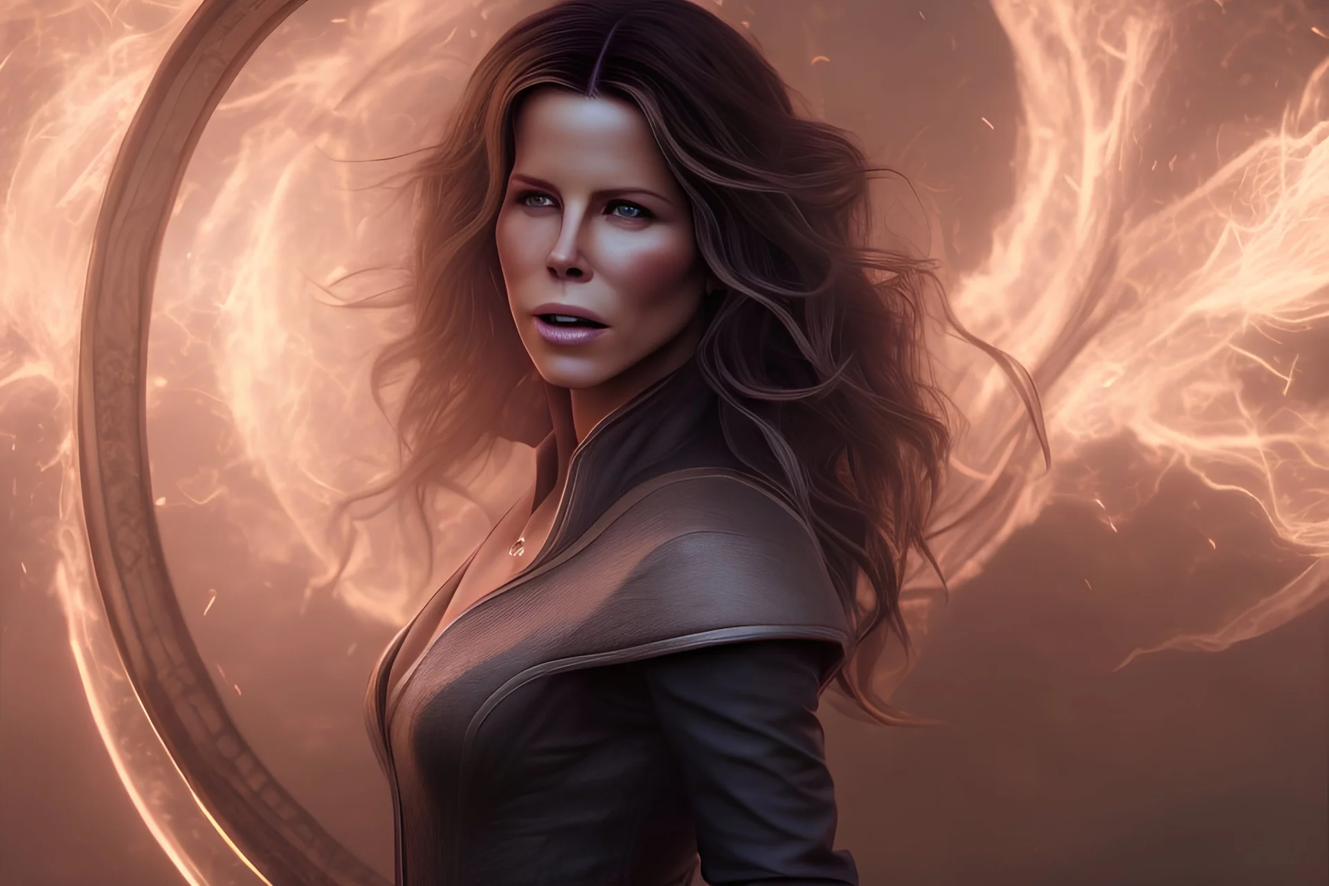 whole body portrait of Kate Beckinsale as Yennefer the Sorceress, with blonde hair casting a huge portal spell to another world, HD 4K, photo-realistic accurate face and features, award winning photography, unreal engine, cinematic lighting