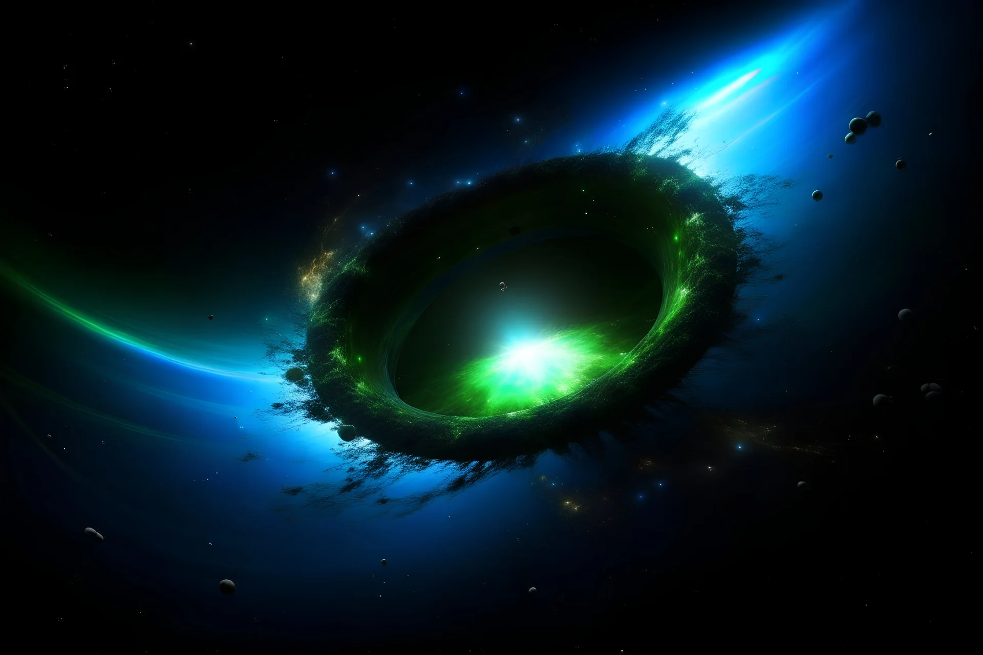 A supernova explosion's blast wave is spreading in a circle outward in all directions, overtaking green and blue worlds, ripping them apart and spreading debris into a ring around the dead star.