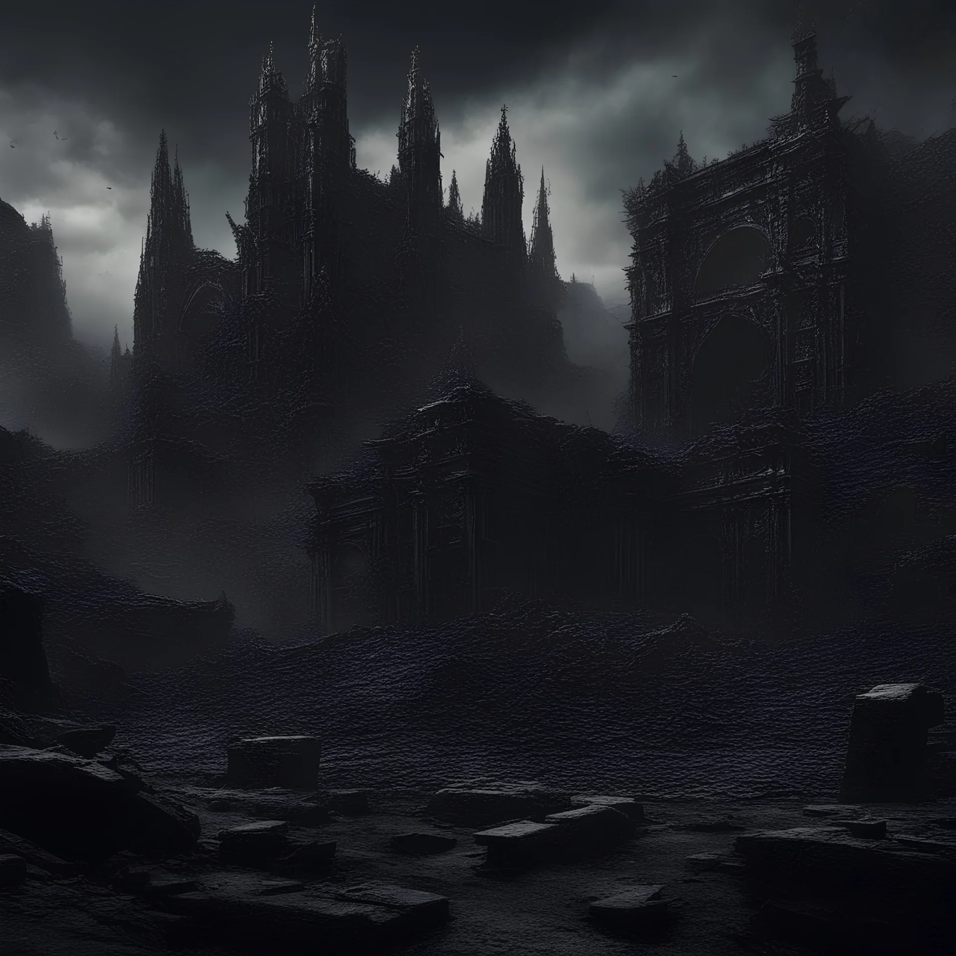 Generate a visually striking black metal artwork that depicts the ruin of a civilization, 8K, extreme detail