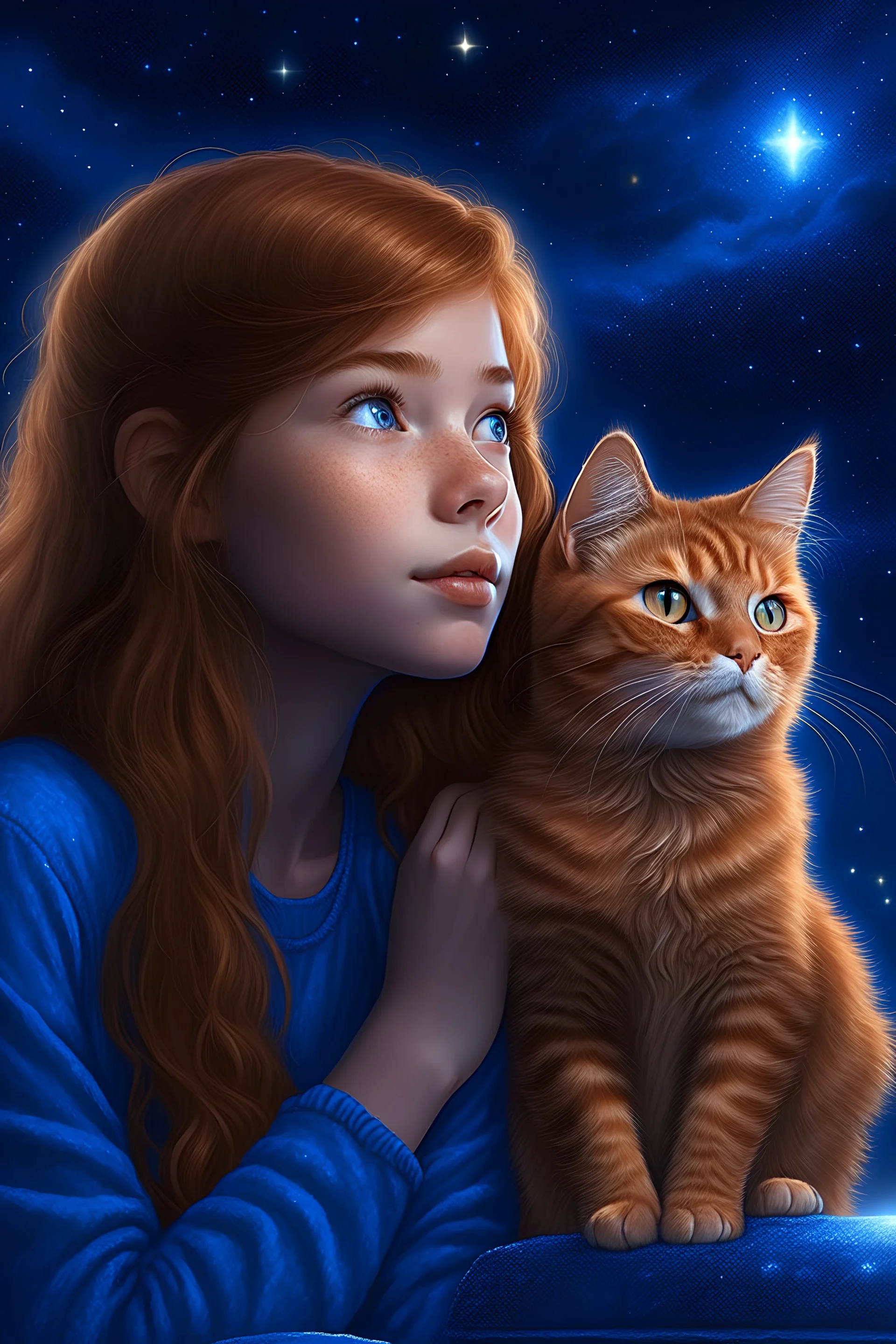 a serious teenage girl with long copper coloured hair and a fringe, with beautiful, deep, dark blue eyes, sitting next to a beautiful majestic kitten with both of them looking up at the stars realistic photograph high detail