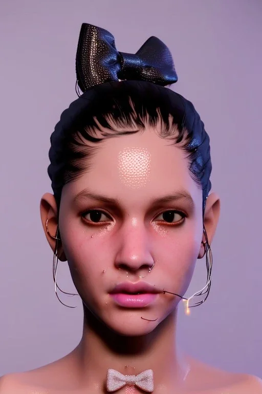 Ultra Realistic image, Rosalía artist, natural body ,portrait, normal complexion, portrait, clean skin, two bows, little chopsticks hair , black eye long line, sweet face, t-shirt with holes, inflatable open coat, thunder glow, minimal led jewelry, fog, hot, inflatable style latex coat, vibrant color, highly detailed, art stations, concept art, smooth, unreal engine 5, god rays, ray tracing, RTX, lumen lighting, ultra detail, volumetric lighting, 3d.