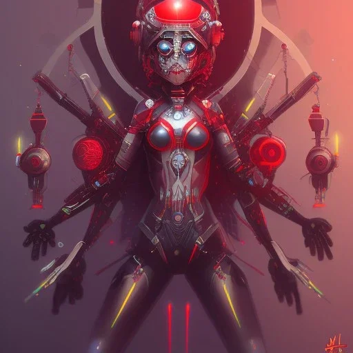 spider goddess, cute cyborg, red, black, star background