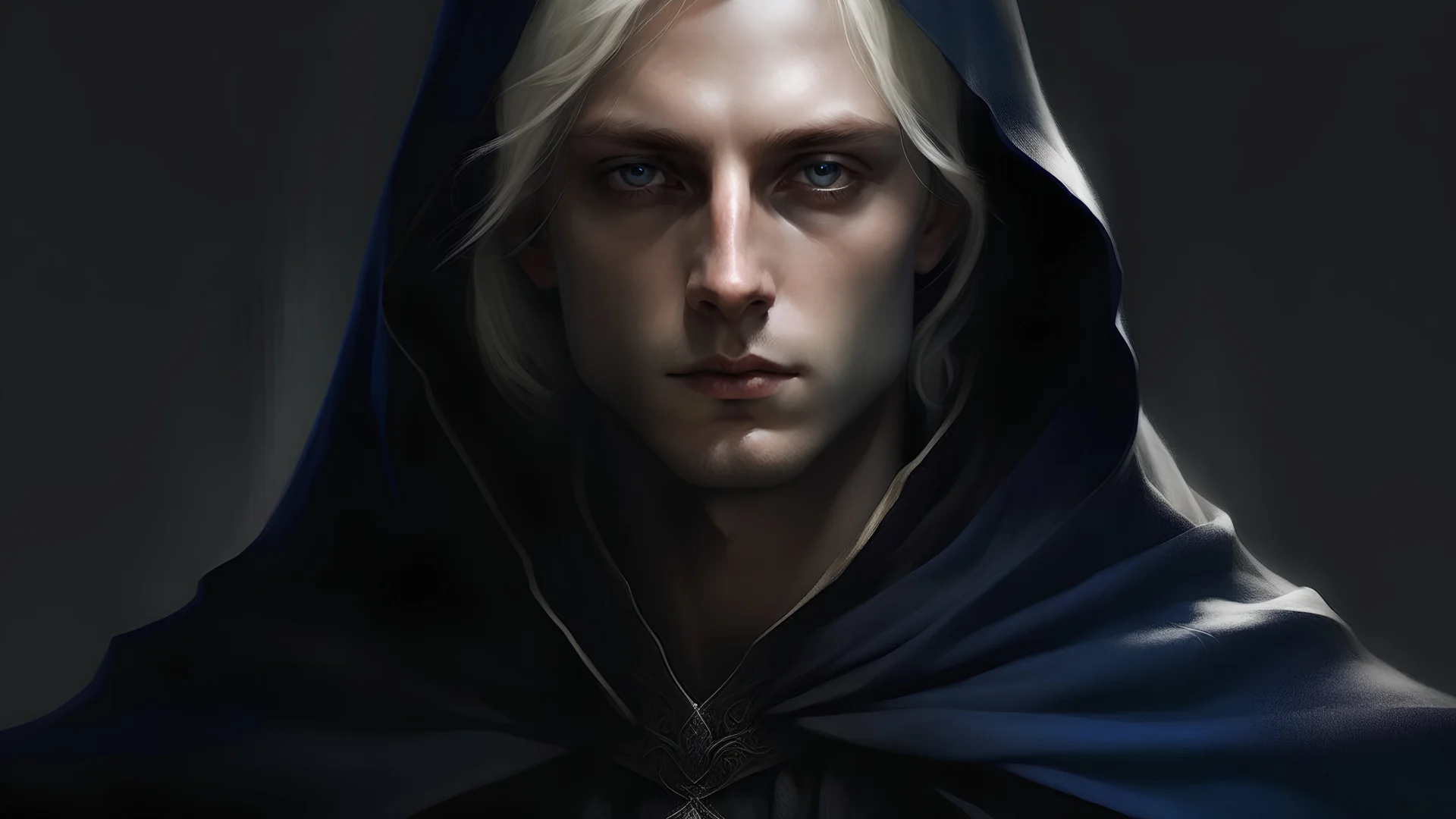 A lithe elven man with platinum blonde hair and dark blue eyes wearing a black velvety hooded cloak over a dark gambeson