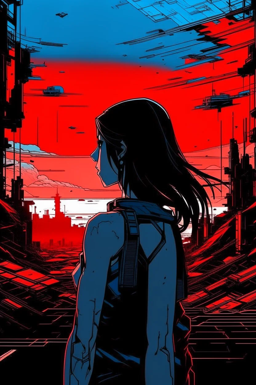 Dark outline line art anime style of a silhouette of a cyberpunk-inspired woman standing in front of a landscape shot of an active war zone with distant explosions, light black and red long hair, light blue eyes, short red and white tank top, (looking intently at viewer), (viewer from low ground level view with focus on eyes), (inspired by Cyberpunk mixed with Fate: Grand Order), (vibrant colors with dark outlines and shadows), (explosions and smoke in synthwave background), (giant planet in far