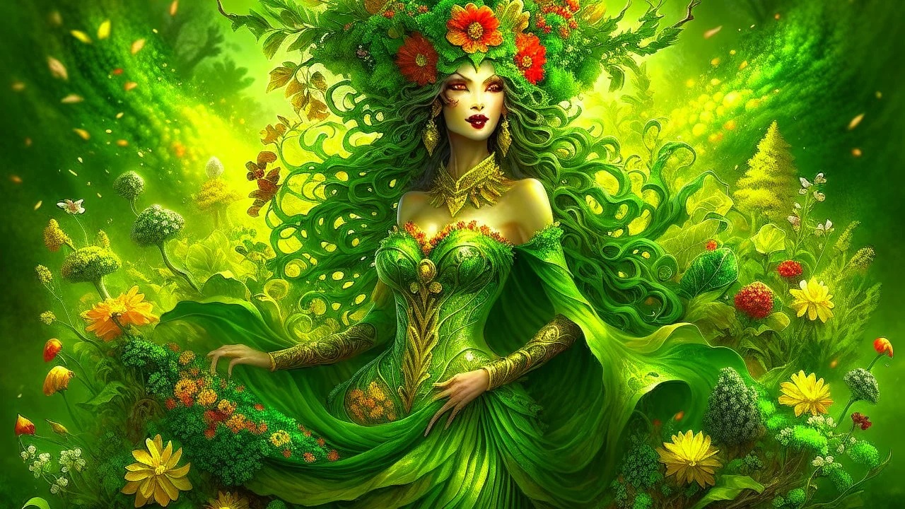 Fantasy digital illustration: a goddess of nature. Her body is covered in lush flora and trees; clusters of flowers adorn her grassy hair similar to a headdress. Her entire body appears to be made of the land itself, with a flowing "dress" made of plants and flora.