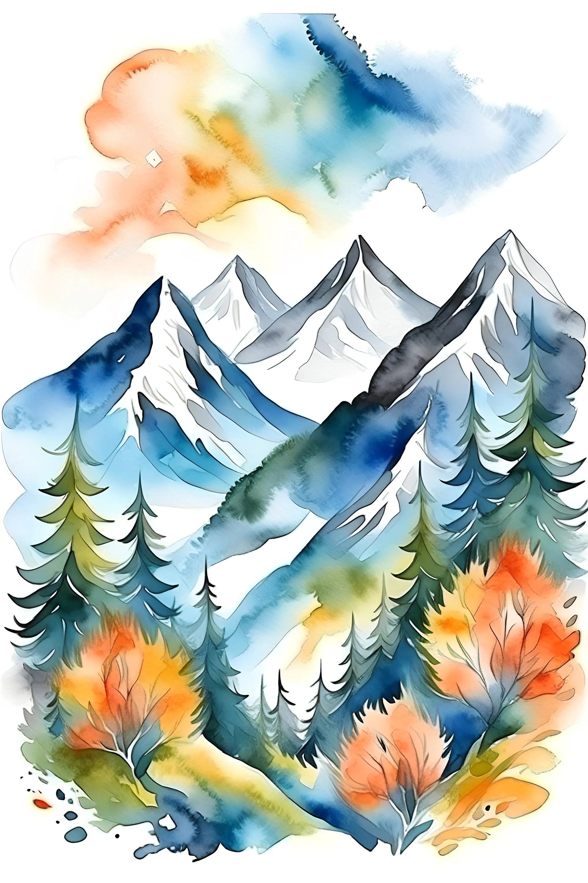 design for t-shirt, watercolor painting of trees and mountains, a painting environmental art, detailed painting, painterly, artwork