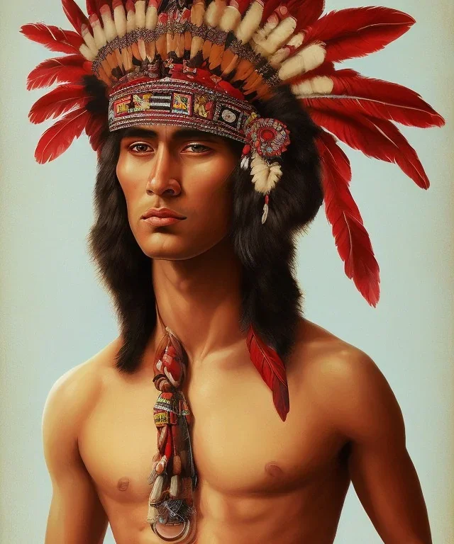 Guaicaipuro, native american god, 30 years old, Muscular warrior, red feathers headdress, shirtless, angry look