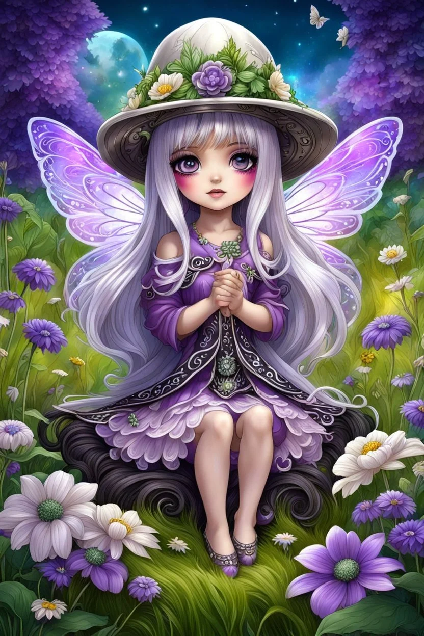 cute happy fairy girl with little wings and rounded ((purple eyes)), big long silver hair, sitting her nice hat a tiny black (kitty with green eyes) , chibi, 3d anime character, detailed, fantasy style, nice picture in the big meadow with pale colors flowers