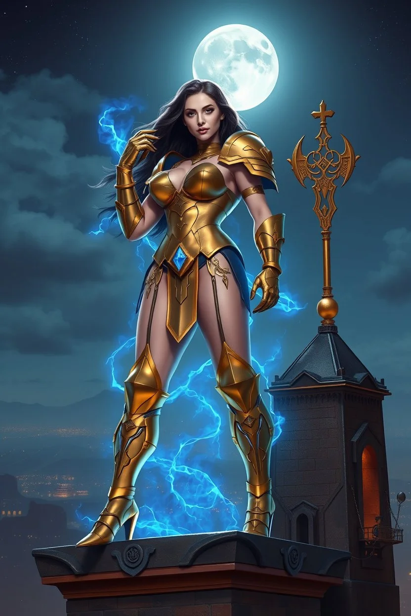 pretty woman, big bubs, good body, bude mode, dressed in a golden mini armor, blue cosmoenergy around her, on top of a tower, moonlight