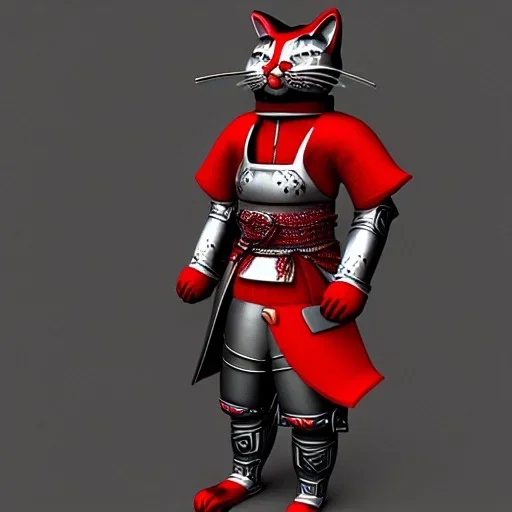 Chat, Modélisme trois dimensions, anthropomorphique, habillé comme un samurai, armure rouge et argent très détaillée, réalisme