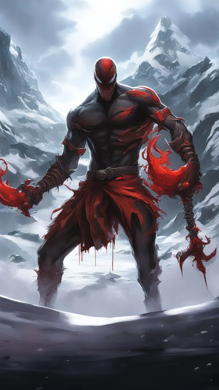 A close picture of Venom symbiote with kratos red tattoos and Clothes, holding blade of choice