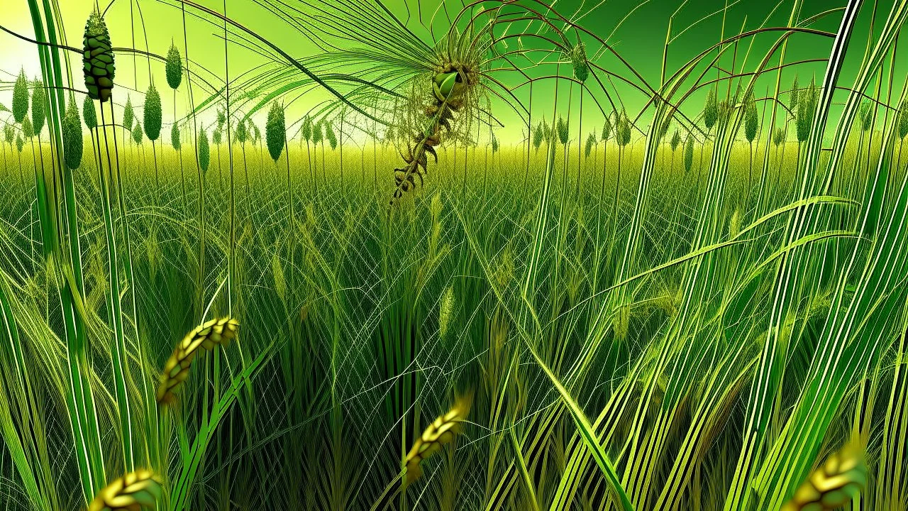 Generate an image of a wheat field with intricate tendrils of insects woven into the stems. Wheat plants should be vibrant green and sway gently in the breeze, while insect tendrils should add intricate, organic details to the scenes. These tendrils could include slender spider-like legs, delicate butterfly wings, or intricate grasshopper jaws, all intertwined with wheat like an intimate dance between nature's species.