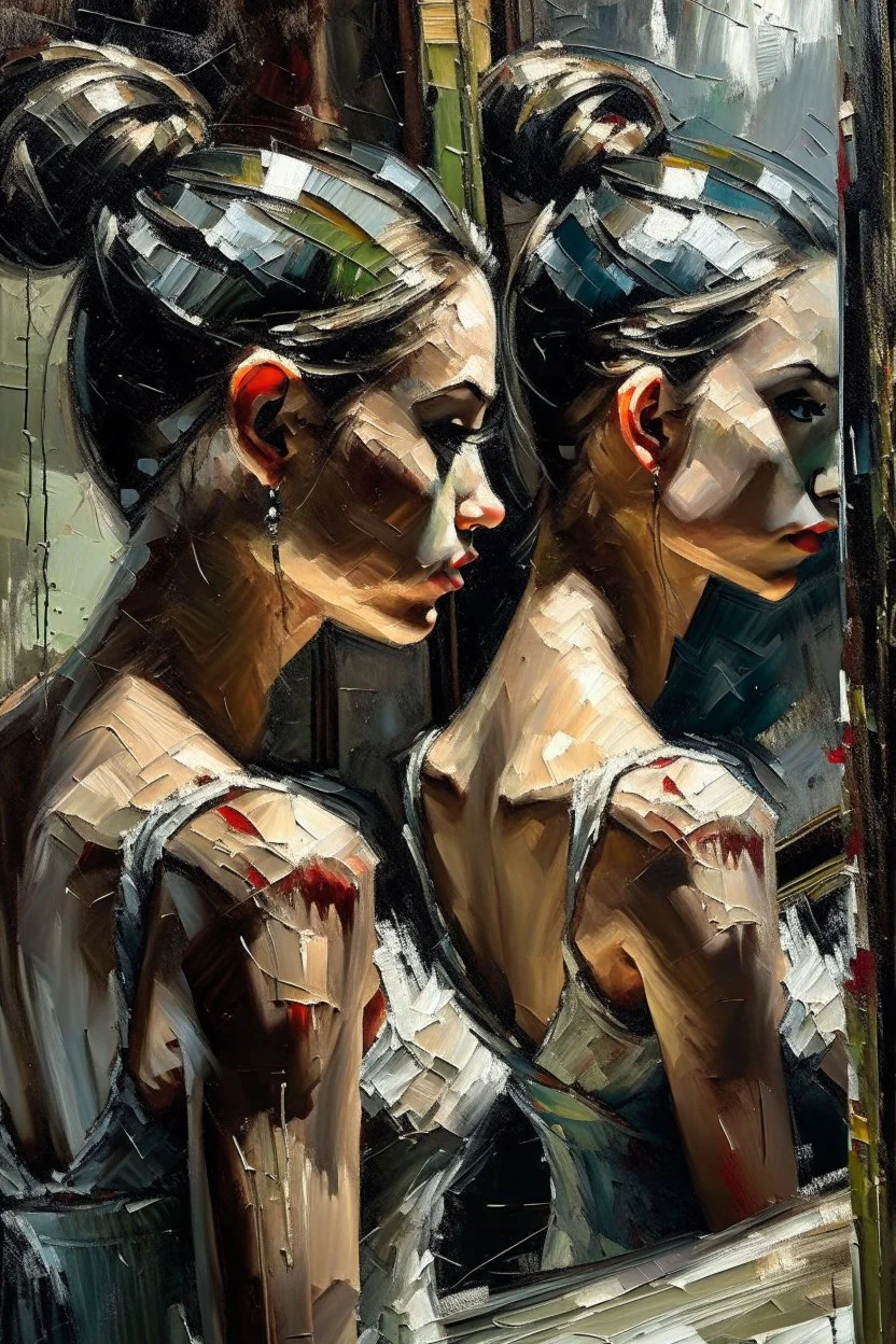 a beautiful ballerina, in a studio, Infront of a mirror, side profile with eyes looking slightly Down, her reflection in the mirror is however looking straight back at her and not looking down, scary, dark undertone, 12k, detailed painting, thick impasto and textures with rough brush strokes, chaos background with cracked paint, peeling off