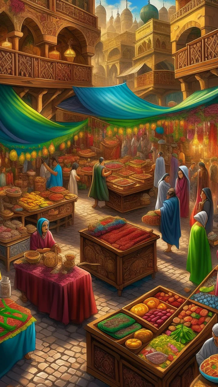 A vibrant and bustling marketplace, filled with the rich aromas of Arabic coffee, dates, and sweets. The colorful stalls and bustling crowds create a lively atmosphere, perfect for capturing in a stylistic rendering.