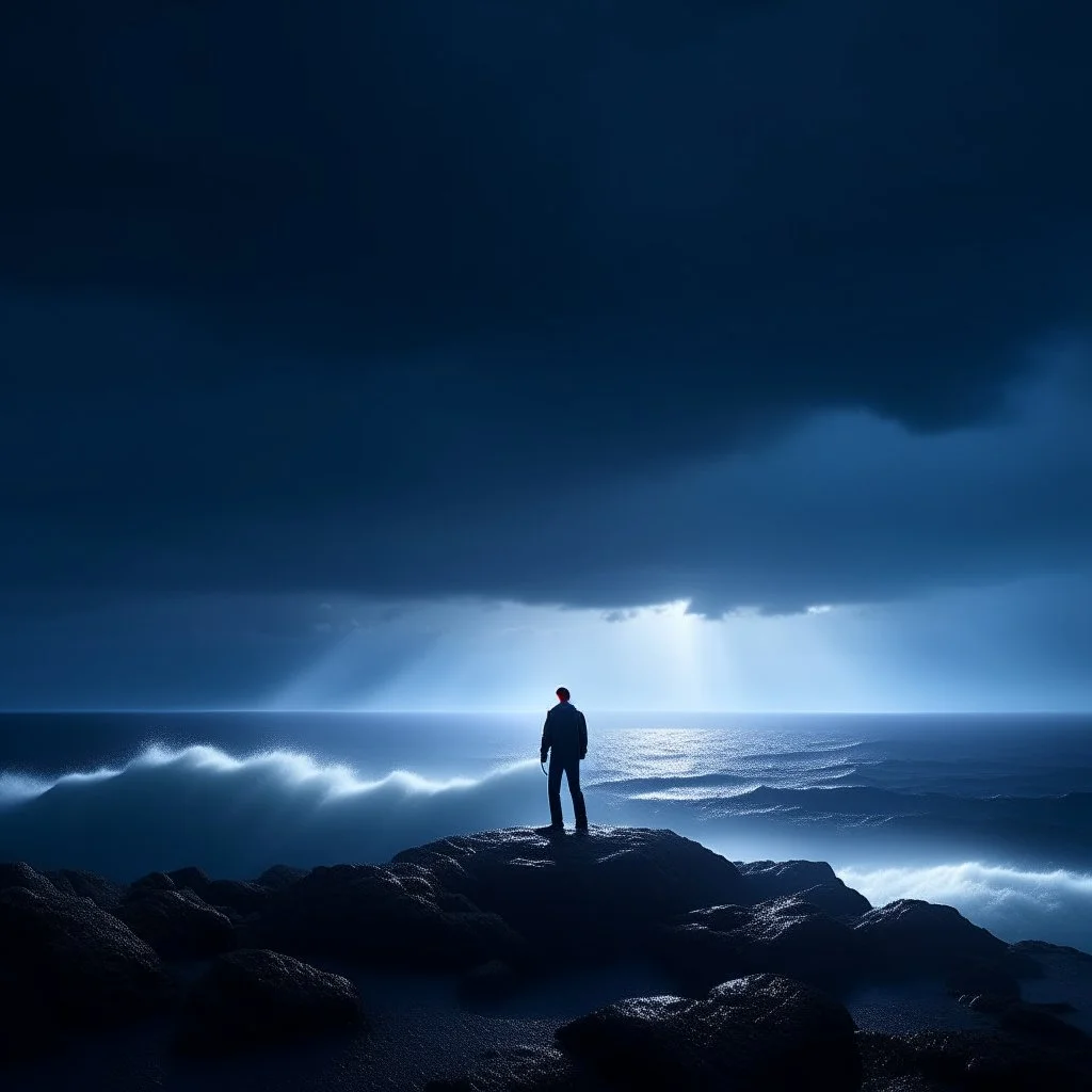 Ultra realistic, cinematic shot of a person standing on the edge of a cliff during a storm, looking out over turbulent seas with dark clouds swirling overhead. The figure is small compared to the vastness of the storm, symbolizing life's overwhelming challenges, yet they stand firm. Lightning illuminates the scene, creating a dramatic, intense atmosphere. Natural light. National Geographic style.