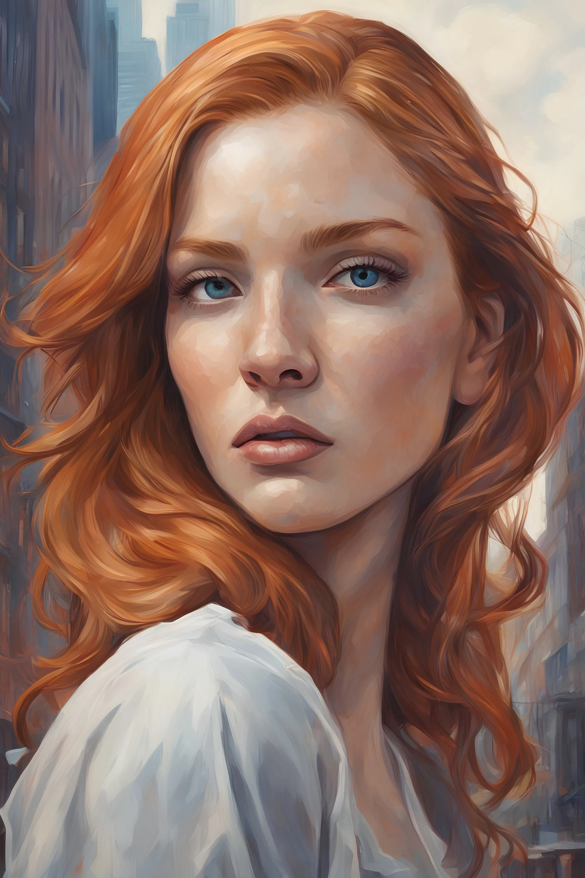 girl Ginger hair Alexandra "Sasha" Aleksejevna Luss render eye candy oil paiting In depth New York City detailed render eye candy breathtaking Greg Rutkowski, Artgerm, WLOP, Alphonse Much style erect bombshells Pop Art psychology oil paiting In depth psychology display in the background