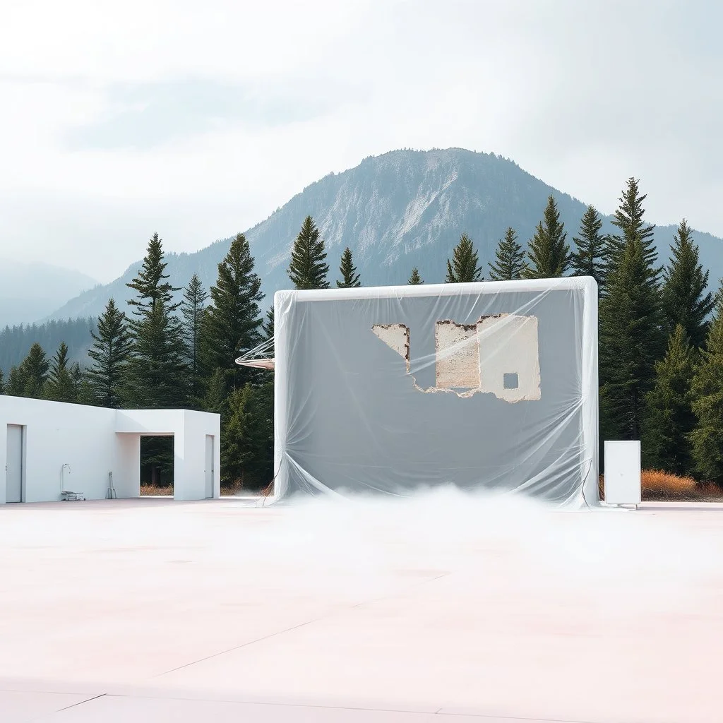 A super high definition photo of an open space with white structures and a large computer screen. A transparent tarpaulin covers an image resembling a ruined building. There is a group of fir trees in the background and a high hill in the distance. The surface below is in a pastel color. Fog is present.