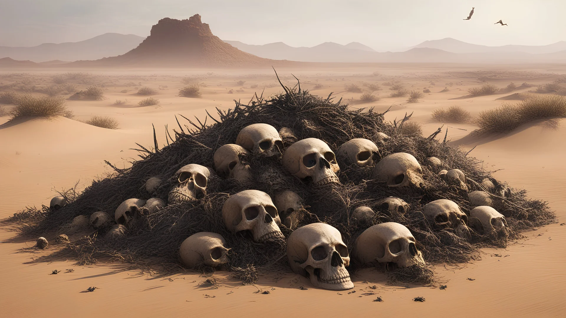 Pile of skulls accumulated in a desert terrain, crows flutter and perch around them and the wind raises dusty trails that drag dry plants