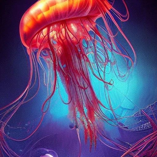 biomorphic jellyfish morphed with electronic wiring and mixed with lighting, Nanopunk and Biopunk with cyberpunk look, wonderful ambient colors, art by Jarosław Jaśnikowski mixed with Sheila Martin mixed with Fletch mixed with Frank Sun, Alena Aenami.