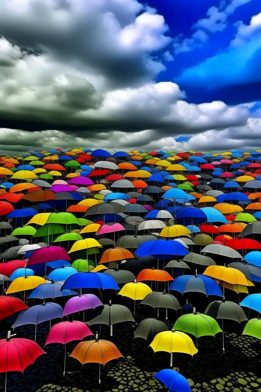 Cloudy sky. It's raining. The sky is fully filled with so many umbrellas of diverse colors.