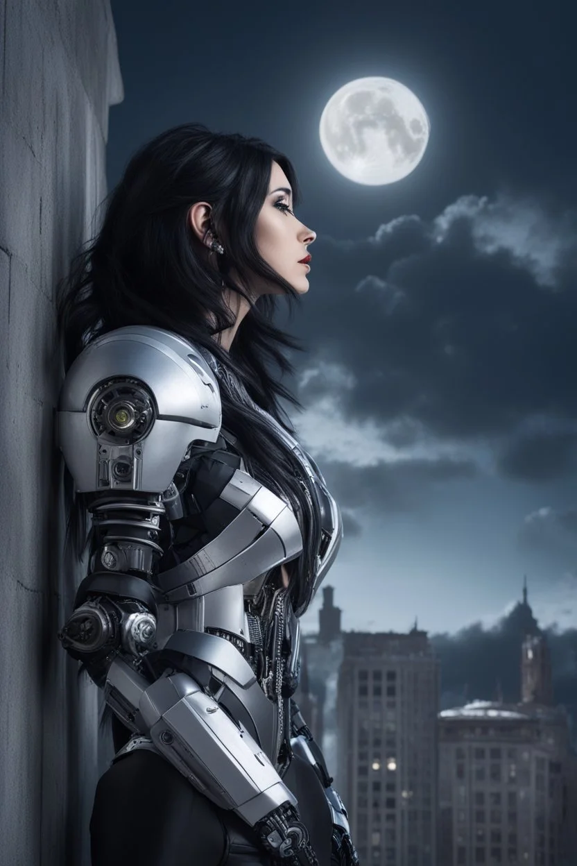 Fantasy Photo Of A Woman With Black Hair, Wearing A robot-looking suit, standing sideways On A Ledge of a building, With A waning moon Behind Her Head