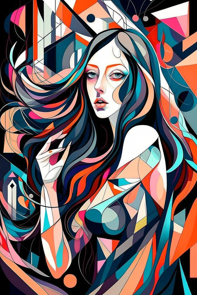 Neo Surrealism, whimsical art, Analytical Cubism Illustration Design a perfect pretty girl, black long hair, Split-Complementary color guide, Plasma Energy Texture, abstract background, girl, Pose with movement, often for geometric deconstruction, monochromatic palette, or fragmented forms.