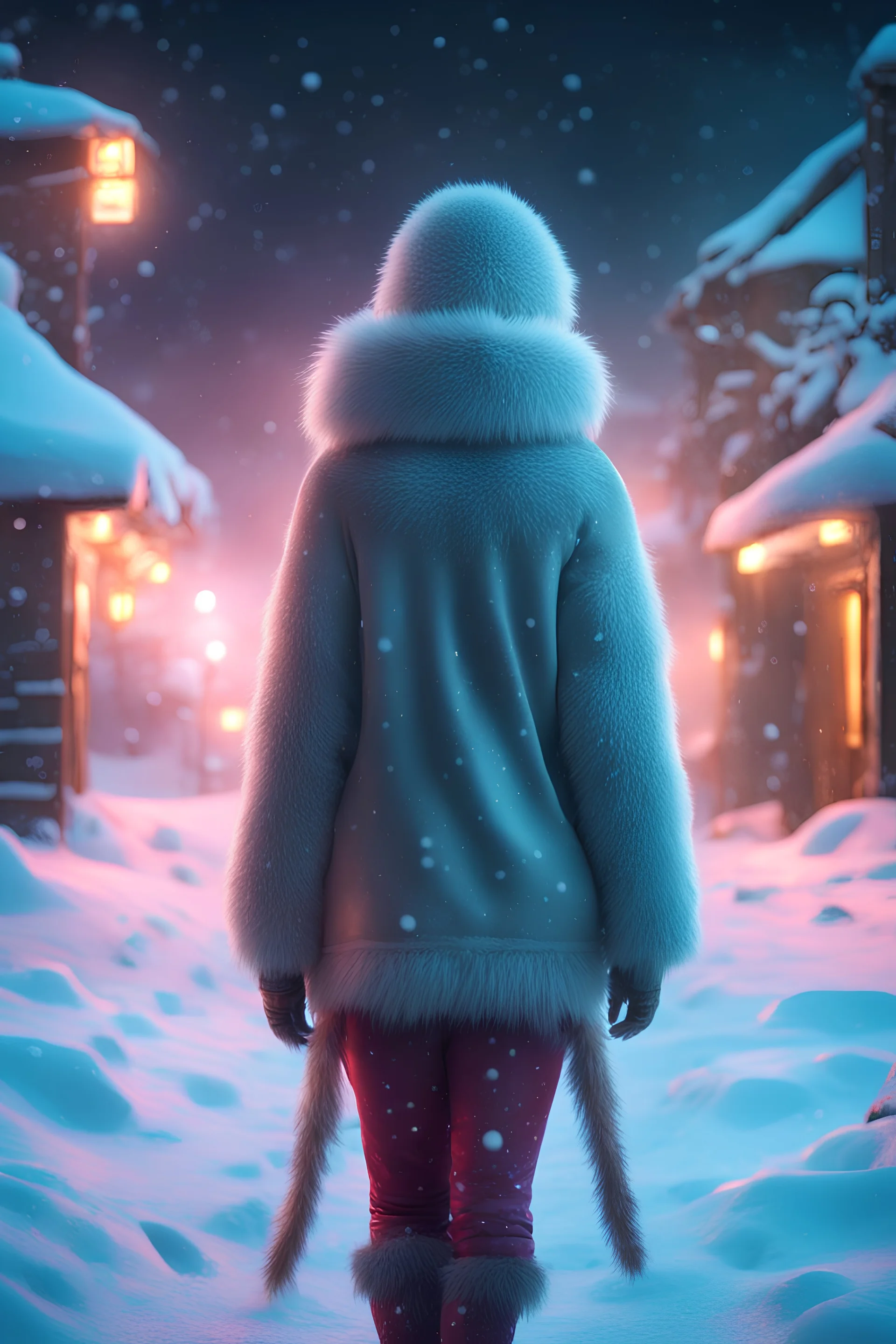 an eskimo woman walks outside, we see her back, neon lights, winter, snow, fantasy world, 4k