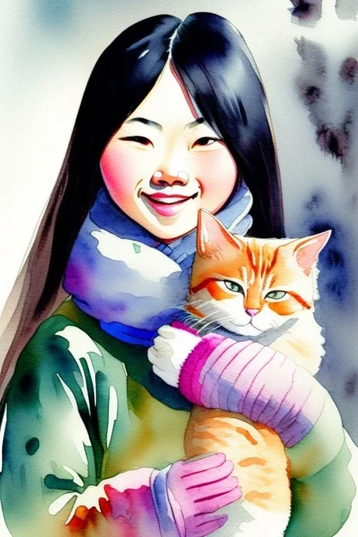 A cute smiling asian girl is holding a cat. Girl is wearing mittens. Watercolour