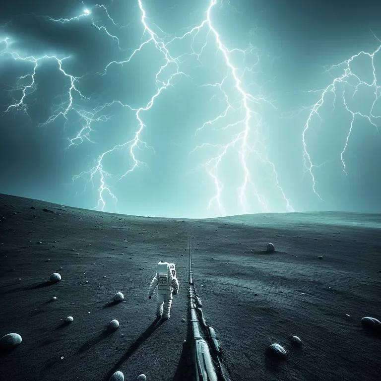 man walking on moon in thunderstorm