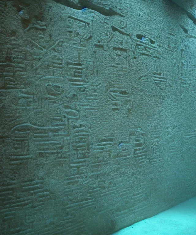 Ancient submerged ruin wall depicting luminescent hieroglyphs