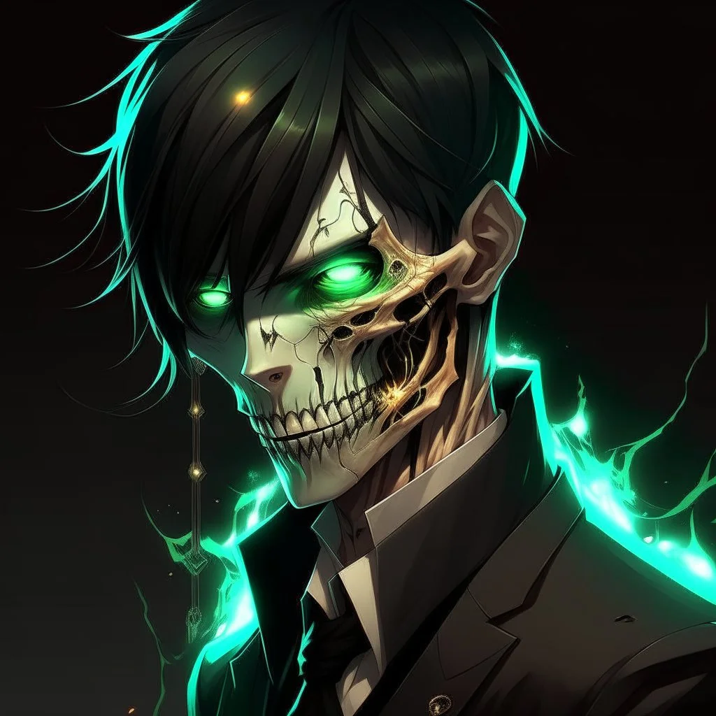 man, half-elf, young, noble, suit, skull mask covers half of the face, pale skin color
