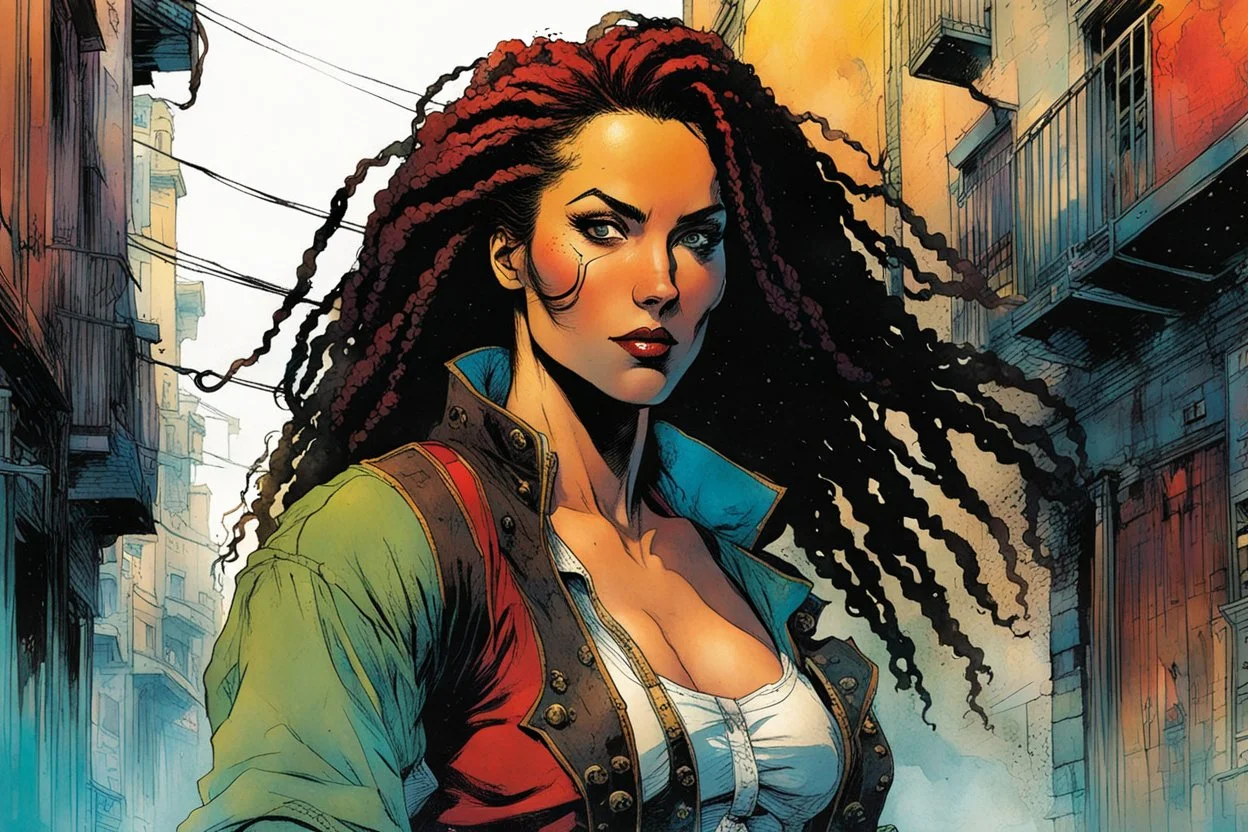 create an imaginative female, ornately dressed Turkish pirate with finely detailed facial features, short dreadlock hair, in the backstreets of Istanbul, in the comic book art style of Bill Sienkiewicz, Mike Mignola, and Jean Giraud Moebius, finely textured, drawn, colored, and inked