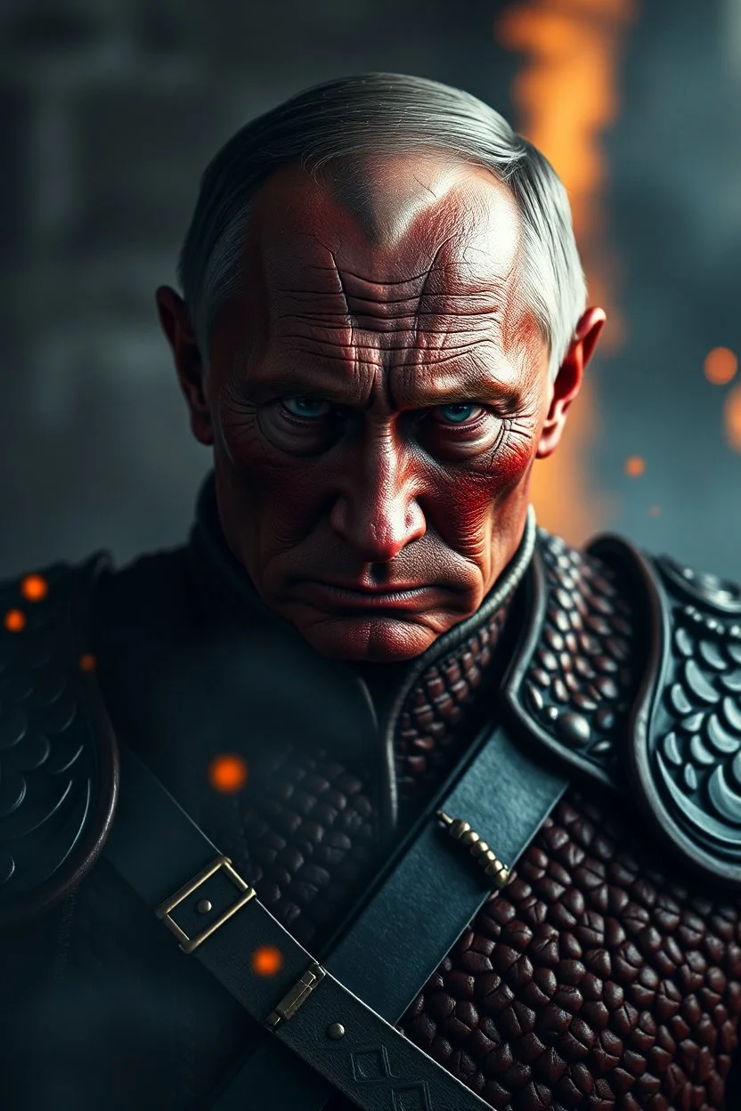 President Putin, red skin, scales, unreal engine 6, high detail, intricate, cinematic. photoshoot style, intricate, studio lighting, masterpiece , highly detailed, 8k, best quality, fire, smoke, dramatic,d,<lora:mshn:0.7>,<lyco:Warrior_Couture:0.5>,