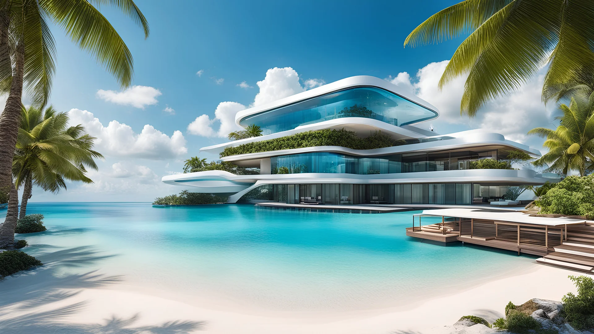 award winning cinematic landscape realistic photography of an image delightful summer day at the Maldives beach, futuristic modern sci-fi lodge