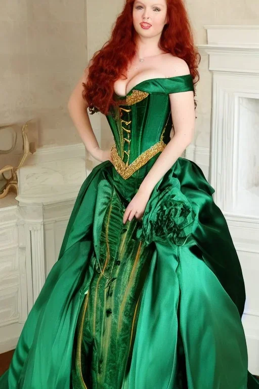 Busty princess full body with long auburn hair green eyes wearing a big dark teal green and gold satin ballgown corset off shoulder top at night