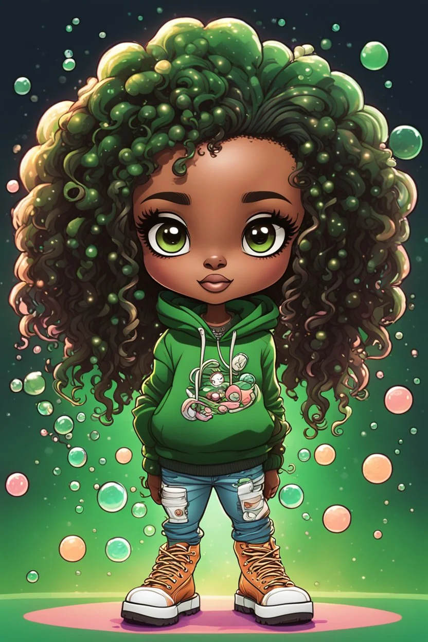 Create an colorful psychedelic comic book illustration of a chibi cartoon black female thick curvy wearing a cut of green and peach hoodie and white jeans and timberland boots. Prominent make up with long lashes and hazel eyes. Highly detailed shiny sister locs. Background of a large bubbles all around her