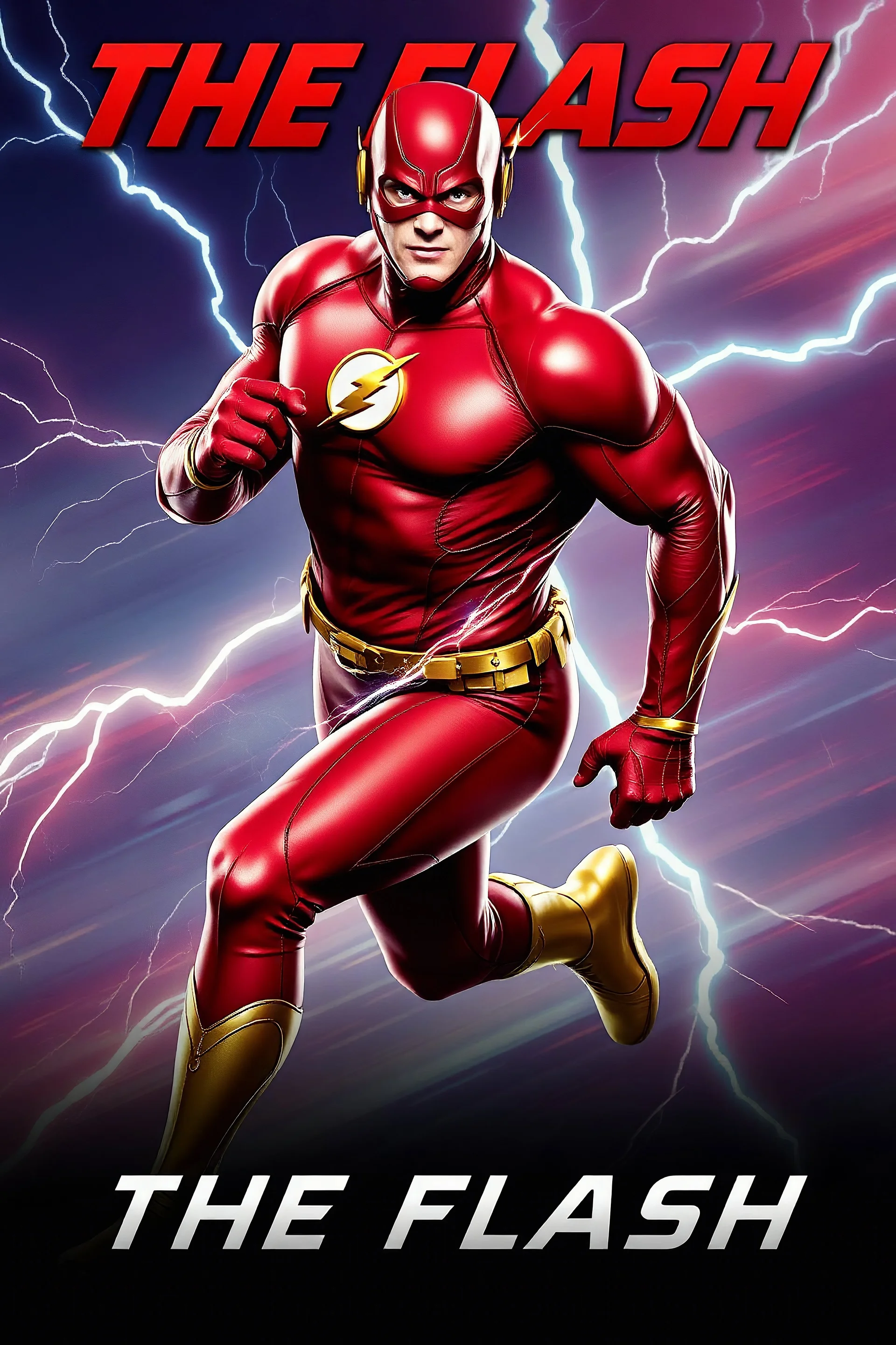 1/4 side view, looking at the viewer, Movie Poster - "THE FLASH" - A massive, thick, extremely muscular, 7'8" tall man, ((skintight, formfitting, long-sleeved, red spandex bodysuit:1.5)), ((gold knee-high boots:1.5)), ((gold wrist gauntlets, red fingerless gloves, gold, double holstered utility belt:1.5)), ((skintight, formfitting, red spandex helmet with red eye disguise,:1.5)), Running in the speedforce, multicolored lightning emanating from his body, an overly exaggerated muscular stature